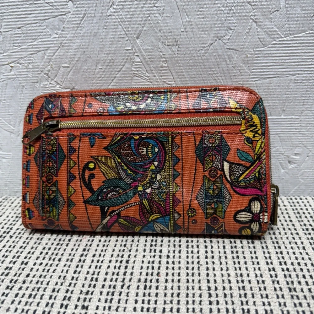 Sakroots Orange printed trifold large wallet like new bohemian coated canvas